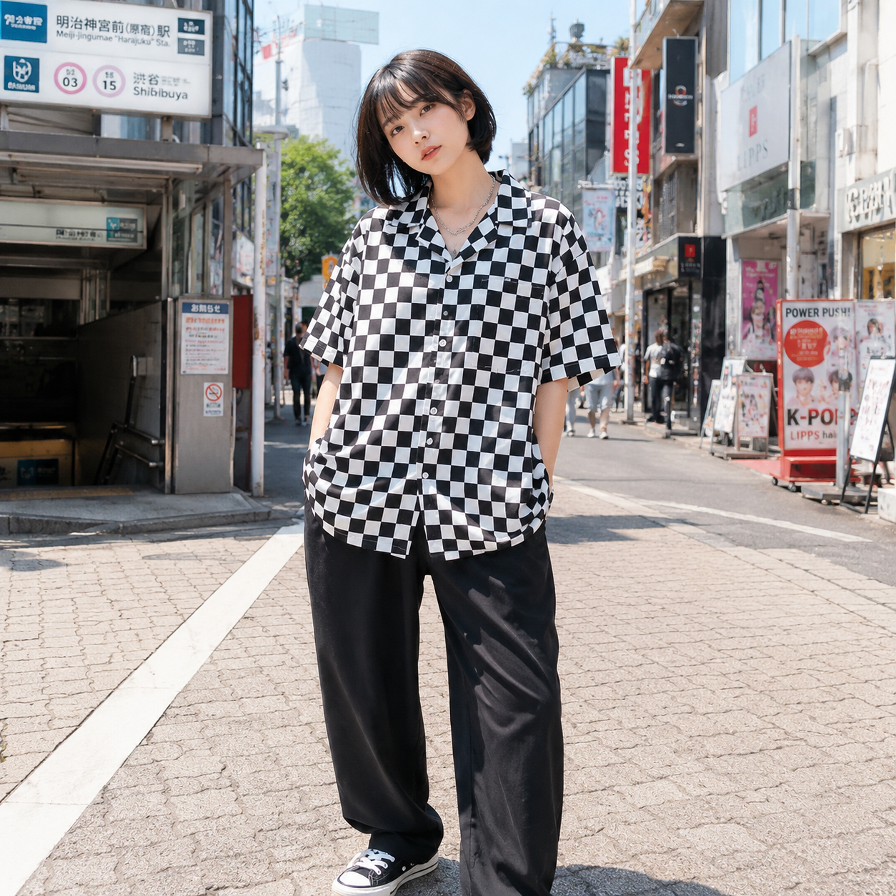 Street Fashion Korea - Checkerboard Oversized Shirt Women Korean Harajuku