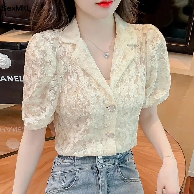 Street Fashion Korea - Elegant Hollow Out Lace Blouses Women
