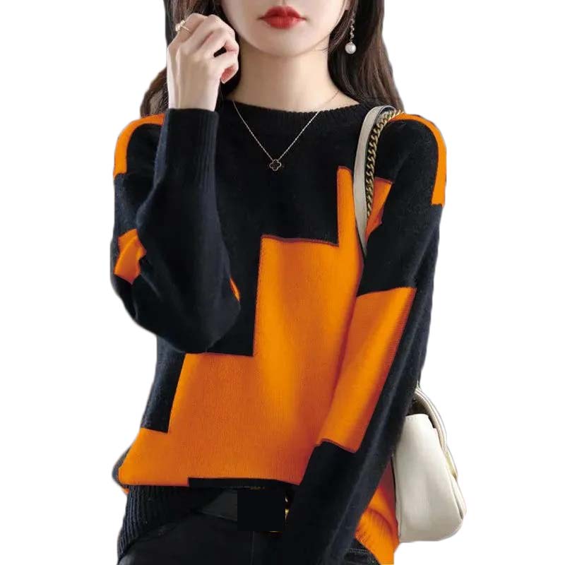 Street Fashion Korea - Fashion O-Neck Spliced Knitted Color Sweater